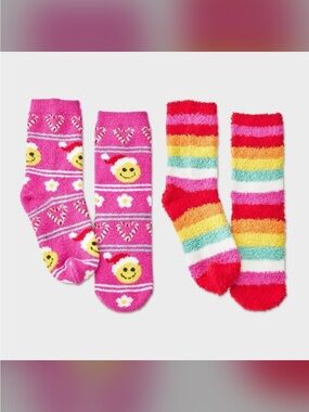 4 pairs - Wondershop Kids Fuzzy Crew Socks - Pink Smiley & Rainbow Stripe